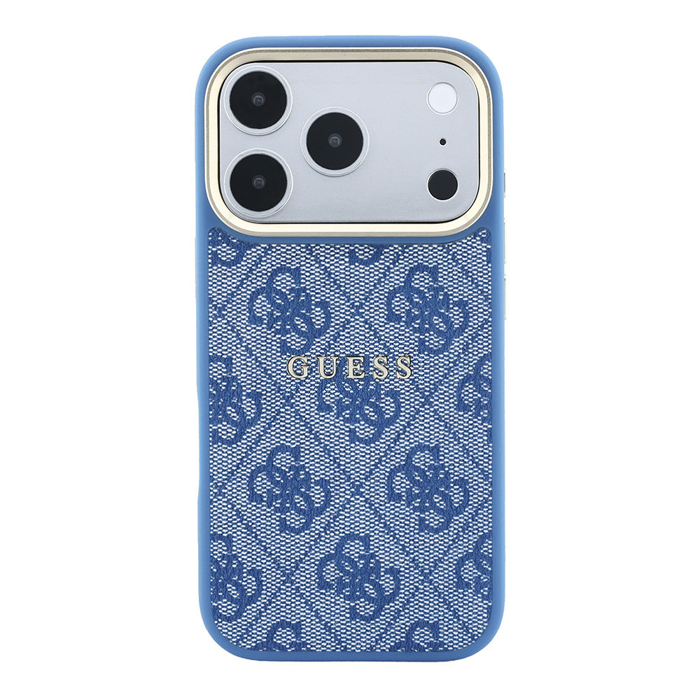 Apple iPhone 18 Pro Kılıf Guess Orjinal Lisanslı M-safe Şarj Özellikli Metal Kamera Çerçeveli C-Magnet 4G Desenli Yazı Logolu Kapak Mavi