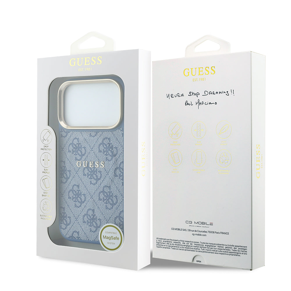 Apple iPhone 18 Pro Kılıf Guess Orjinal Lisanslı M-safe Şarj Özellikli Metal Kamera Çerçeveli C-Magnet 4G Desenli Yazı Logolu Kapak Mavi