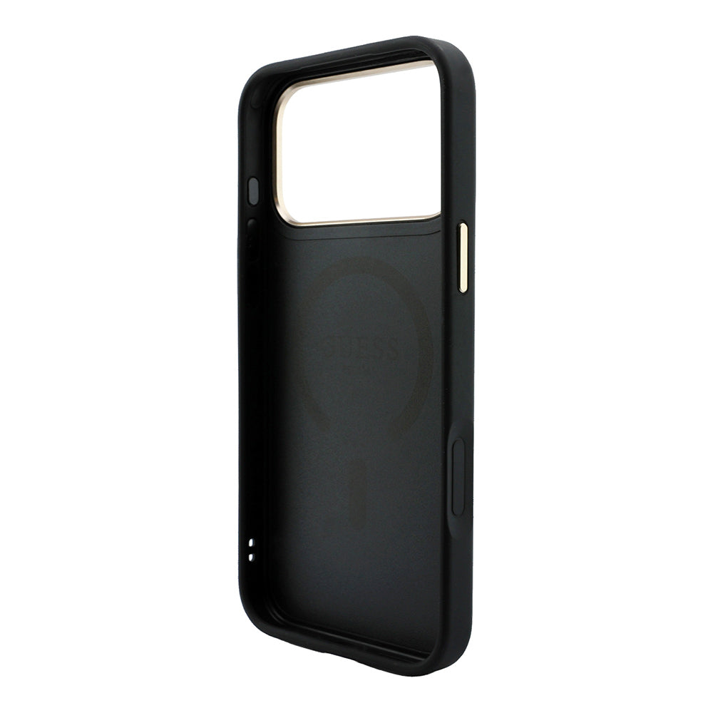 Apple iPhone 18 Pro Kılıf Guess Orjinal Lisanslı M-safe Şarj Özellikli Metal Kamera Çerçeveli C-Magnet 4G Desenli Yazı Logolu Kapak Siyah