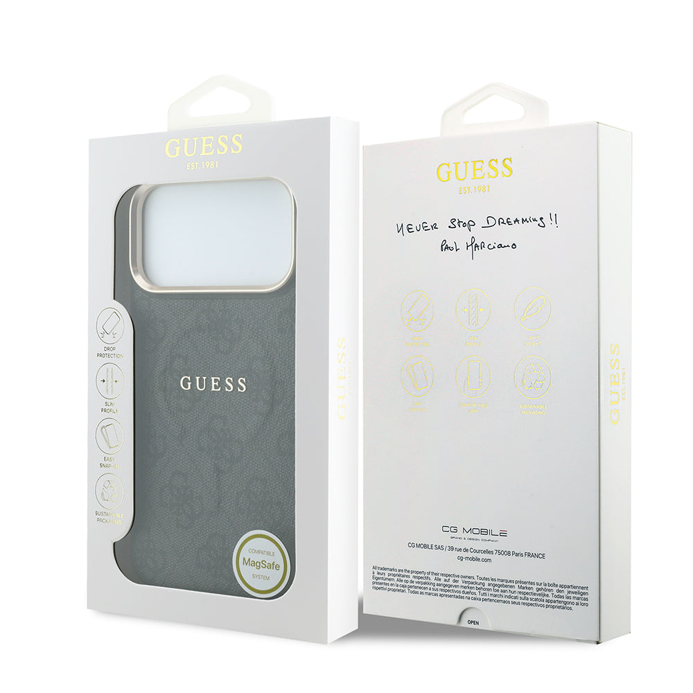 Apple iPhone 18 Pro Kılıf Guess Orjinal Lisanslı M-safe Şarj Özellikli Metal Kamera Çerçeveli C-Magnet 4G Desenli Yazı Logolu Kapak Siyah