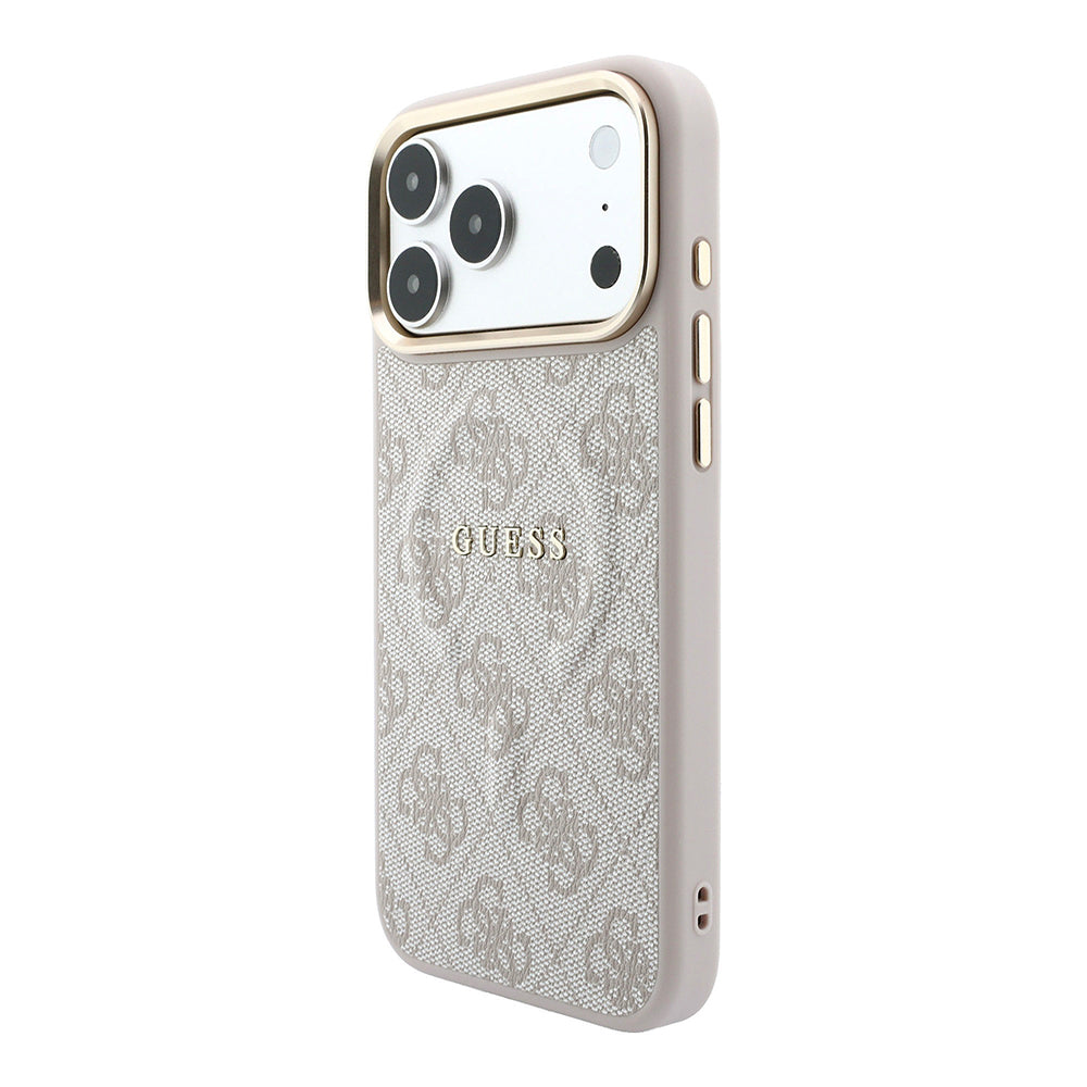 Apple iPhone 18 Pro Kılıf Guess Orjinal Lisanslı M-safe Şarj Özellikli Metal Kamera Çerçeveli C-Magnet 4G Desenli Yazı Logolu Kapak Pembe