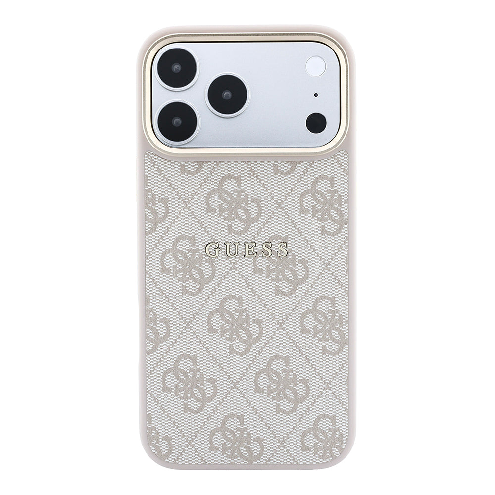 Apple iPhone 18 Pro Kılıf Guess Orjinal Lisanslı M-safe Şarj Özellikli Metal Kamera Çerçeveli C-Magnet 4G Desenli Yazı Logolu Kapak Pembe