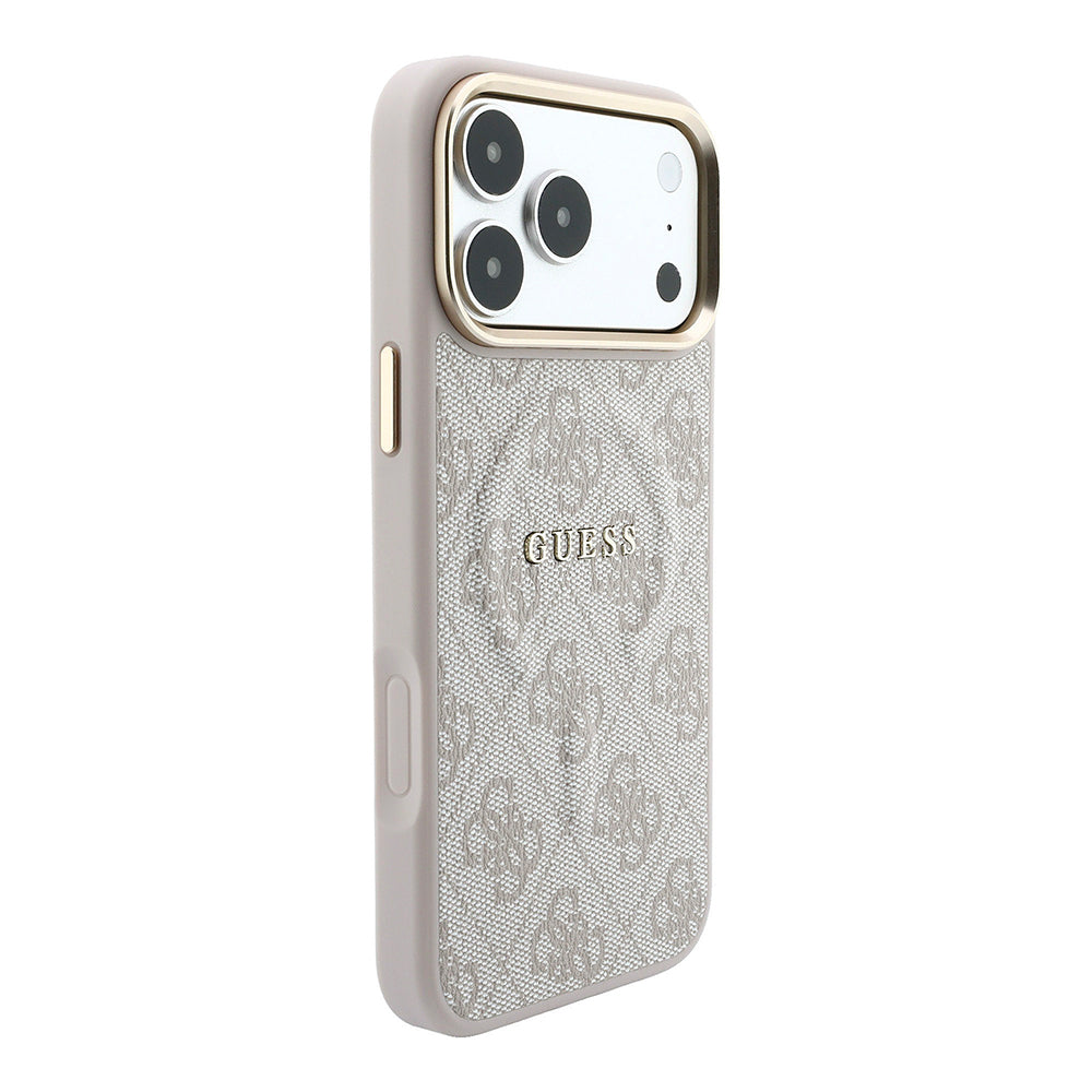 Apple iPhone 18 Pro Kılıf Guess Orjinal Lisanslı M-safe Şarj Özellikli Metal Kamera Çerçeveli C-Magnet 4G Desenli Yazı Logolu Kapak Pembe