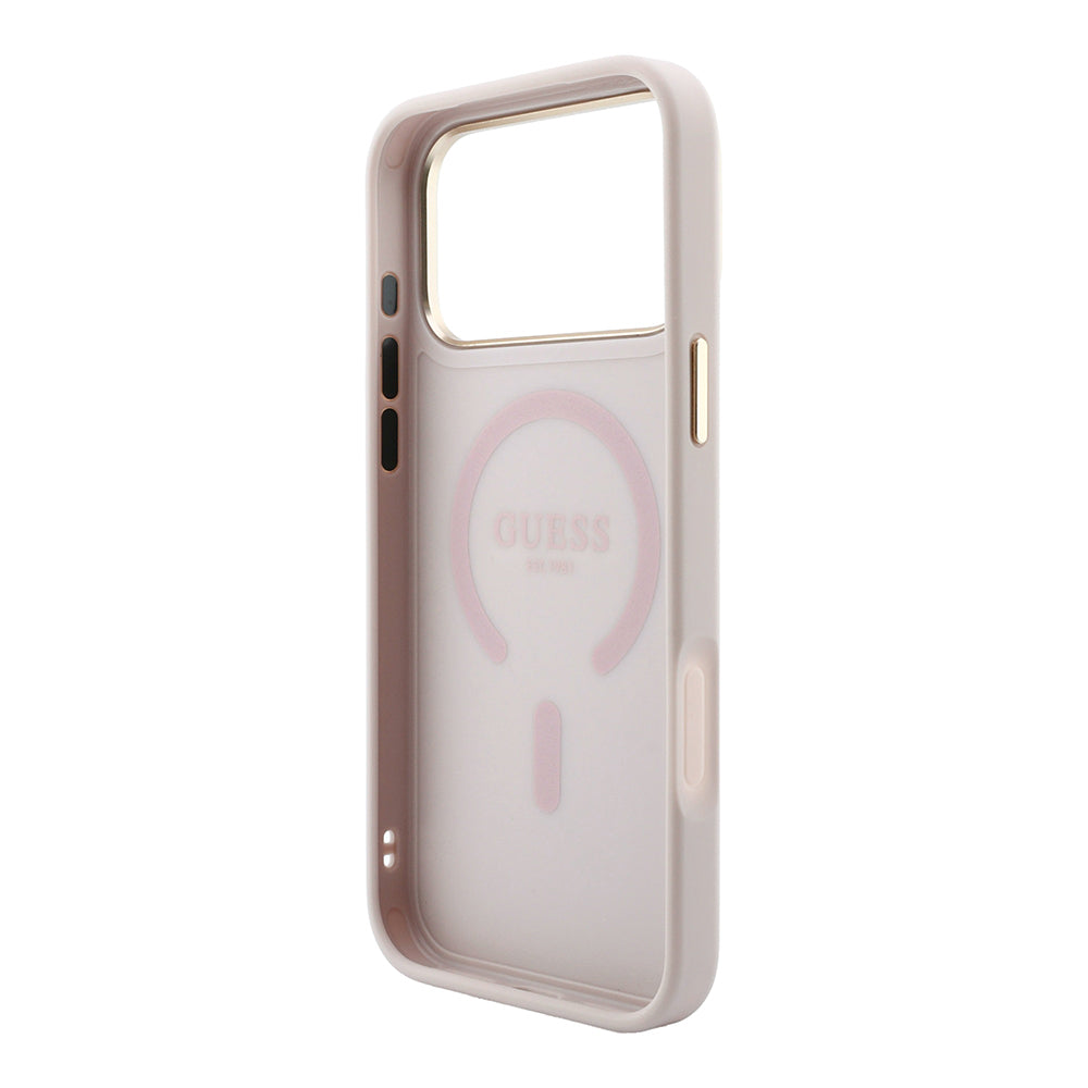 Apple iPhone 18 Pro Kılıf Guess Orjinal Lisanslı M-safe Şarj Özellikli Metal Kamera Çerçeveli C-Magnet 4G Desenli Yazı Logolu Kapak Pembe