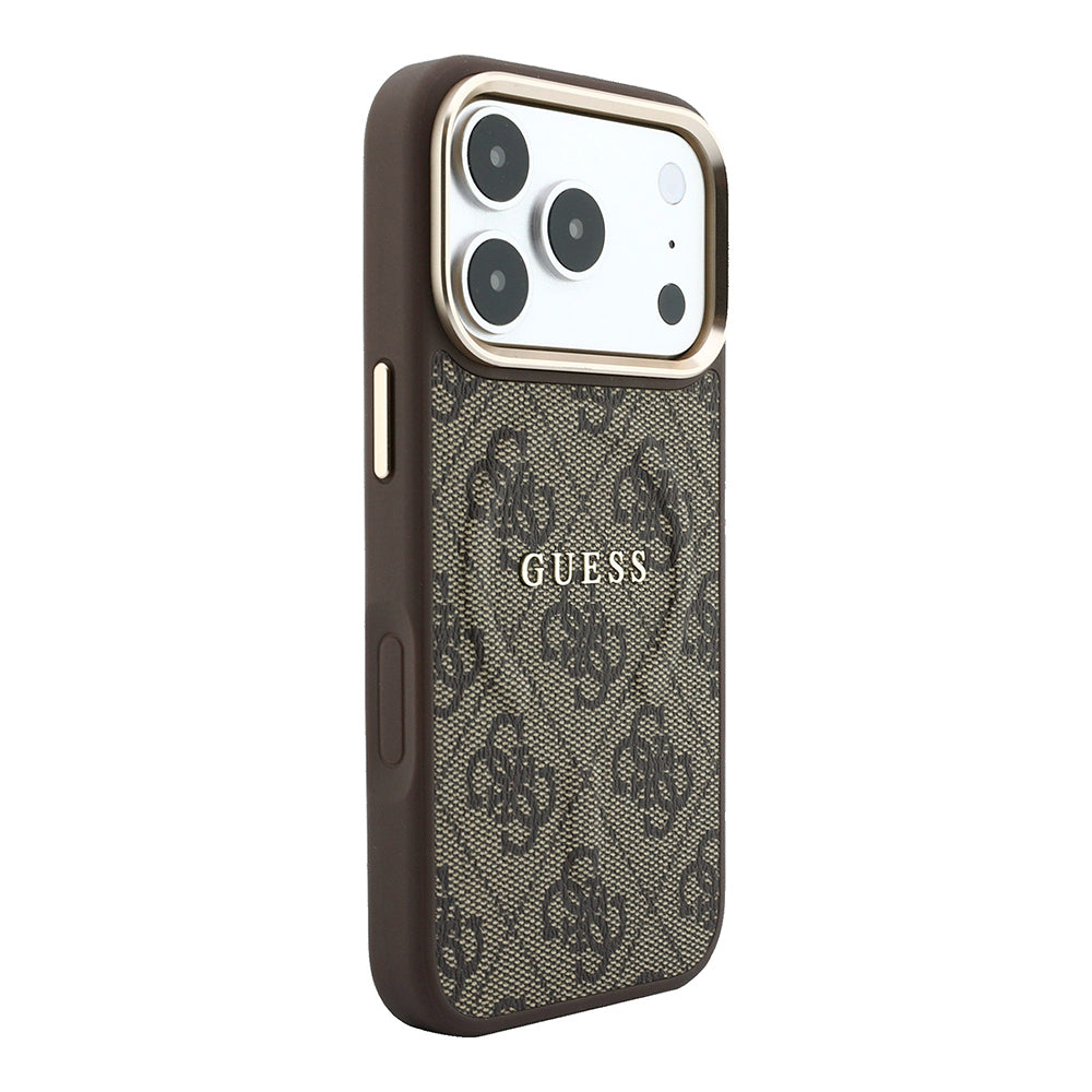 Apple iPhone 18 Pro Kılıf Guess Orjinal Lisanslı M-safe Şarj Özellikli Metal Kamera Çerçeveli C-Magnet 4G Desenli Yazı Logolu Kapak Kahverengi