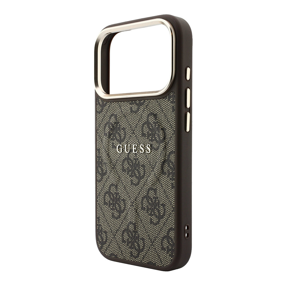Apple iPhone 18 Pro Kılıf Guess Orjinal Lisanslı M-safe Şarj Özellikli Metal Kamera Çerçeveli C-Magnet 4G Desenli Yazı Logolu Kapak Kahverengi
