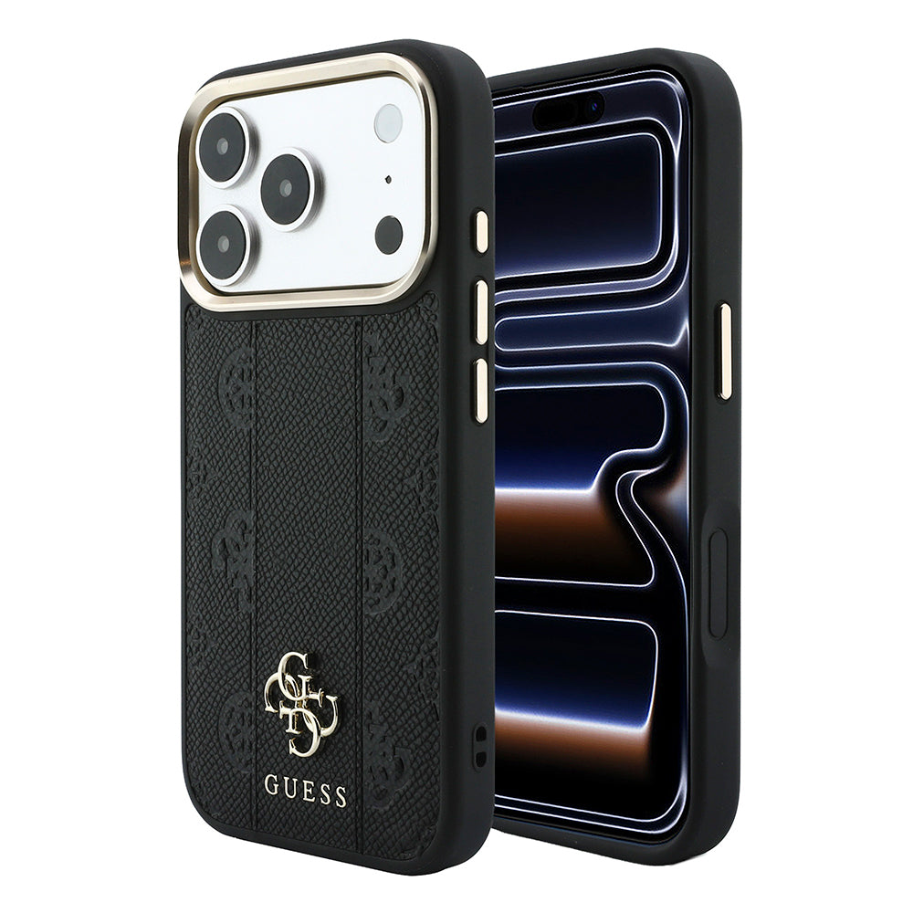Apple iPhone 18 Pro Kılıf Guess Orjinal Lisanslı M-safe Şarj Özellikli Şeritli Peony 4G ve Yazı Logolu Kapak Siyah