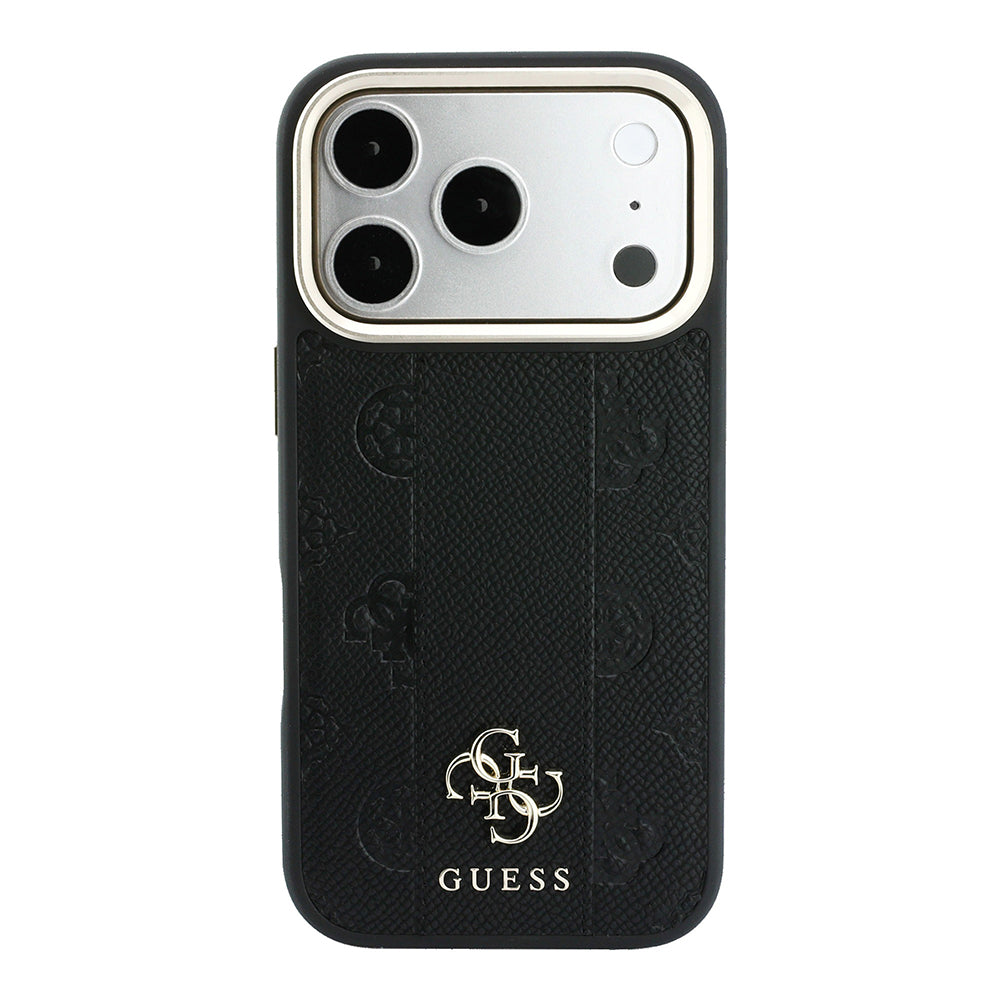 Apple iPhone 18 Pro Kılıf Guess Orjinal Lisanslı M-safe Şarj Özellikli Şeritli Peony 4G ve Yazı Logolu Kapak Siyah