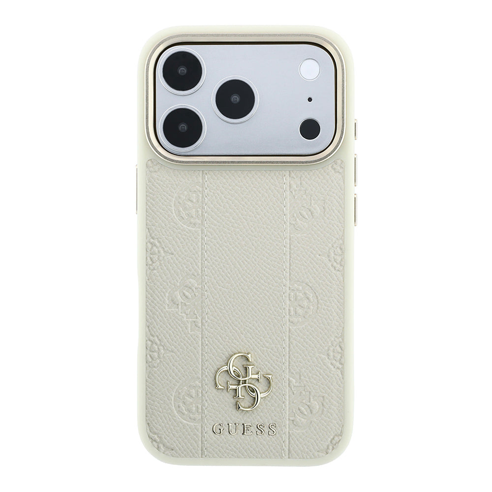 Apple iPhone 18 Pro Kılıf Guess Orjinal Lisanslı M-safe Şarj Özellikli Şeritli Peony 4G ve Yazı Logolu Kapak Bej