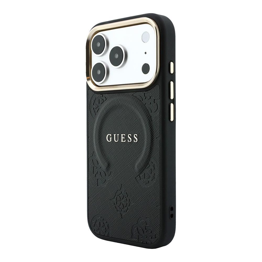 Apple iPhone 18 Pro Kılıf Guess Orjinal Lisanslı M-safe Şarj Özellikli Sıcak Baskılı Yazı Logolu C-Magnet PU Deri Peony Kapak Siyah