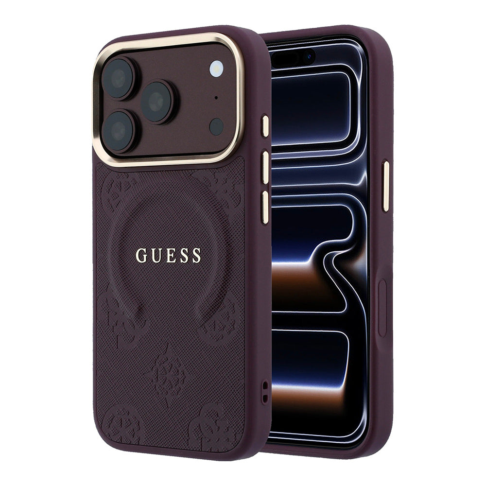 Apple iPhone 18 Pro Kılıf Guess Orjinal Lisanslı M-safe Şarj Özellikli Sıcak Baskılı Yazı Logolu C-Magnet PU Deri Peony Kapak Bordo