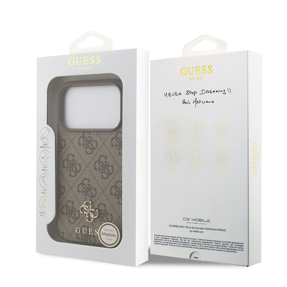 Apple iPhone 18 Pro Kılıf Guess Orjinal Lisanslı M-safe Şarj Özellikli Small 4G Classic Kapak Kahverengi