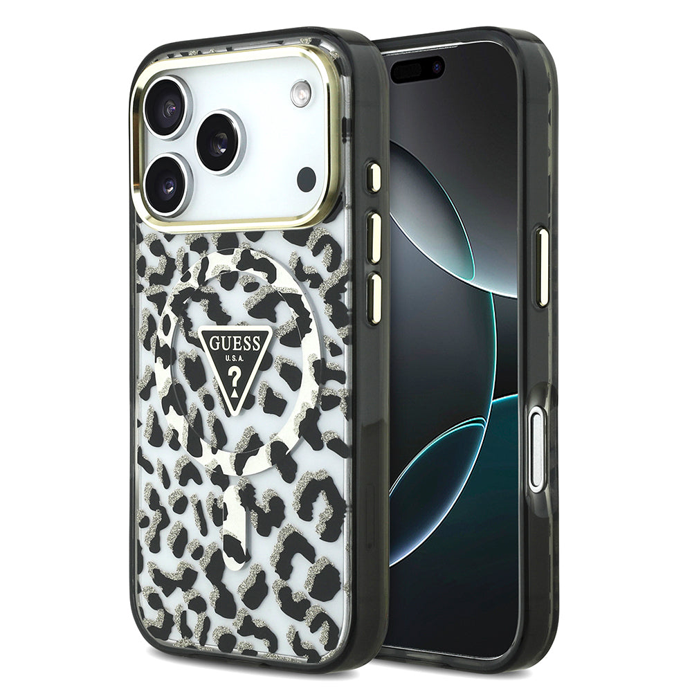 Apple iPhone 18 Pro Kılıf Guess Orjinal Lisanslı M-safe Şarj Özellikli Üçgen Logolu Simli Leopar Desenli Kapak Siyah