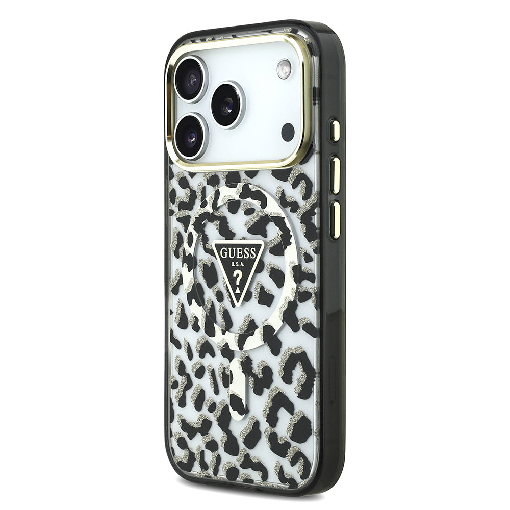 Apple iPhone 18 Pro Kılıf Guess Orjinal Lisanslı M-safe Şarj Özellikli Üçgen Logolu Simli Leopar Desenli Kapak Siyah