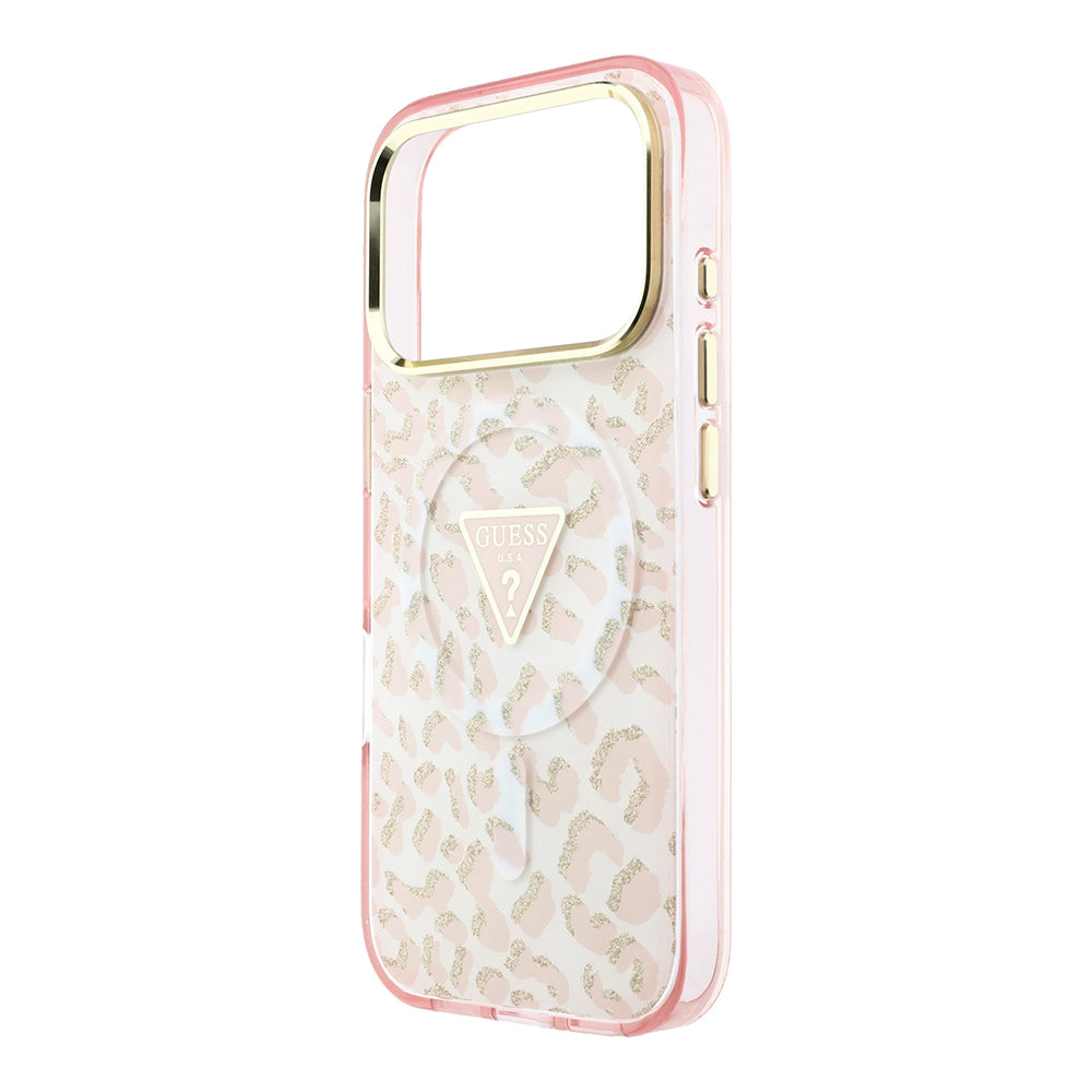 Apple iPhone 18 Pro Kılıf Guess Orjinal Lisanslı M-safe Şarj Özellikli Üçgen Logolu Simli Leopar Desenli Kapak Pembe