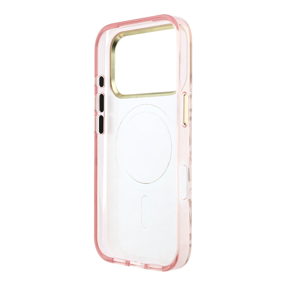 Apple iPhone 18 Pro Kılıf Guess Orjinal Lisanslı M-safe Şarj Özellikli Üçgen Logolu Simli Leopar Desenli Kapak Pembe