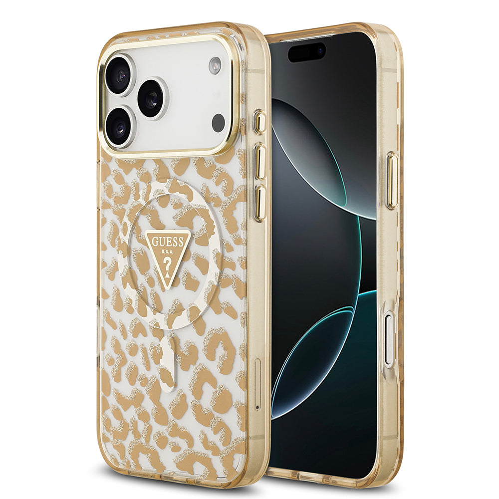 Apple iPhone 18 Pro Kılıf Guess Orjinal Lisanslı M-safe Şarj Özellikli Üçgen Logolu Simli Leopar Desenli Kapak Kahverengi