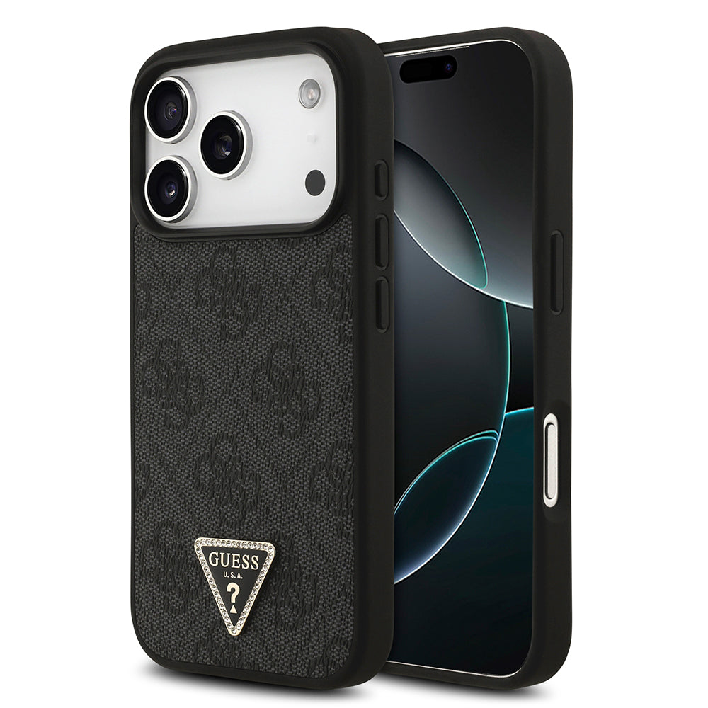 Apple iPhone 18 Pro Kılıf Guess Orjinal Lisanslı M-safe Şarj Özllikli PU Deri Taşlı Üçgen Logo 4G Desenli Strass Kapak Siyah