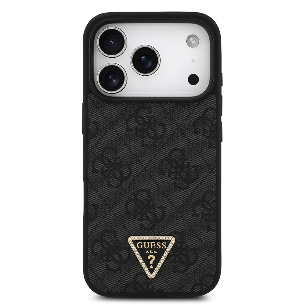 Apple iPhone 18 Pro Kılıf Guess Orjinal Lisanslı M-safe Şarj Özllikli PU Deri Taşlı Üçgen Logo 4G Desenli Strass Kapak Siyah