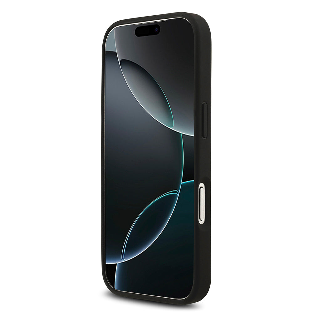 Apple iPhone 18 Pro Kılıf Guess Orjinal Lisanslı M-safe Şarj Özllikli PU Deri Taşlı Üçgen Logo 4G Desenli Strass Kapak Siyah
