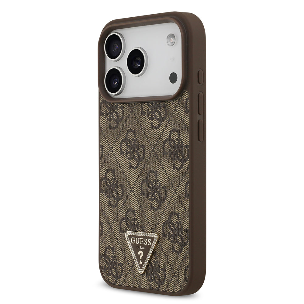 Apple iPhone 18 Pro Kılıf Guess Orjinal Lisanslı M-safe Şarj Özllikli PU Deri Taşlı Üçgen Logo 4G Desenli Strass Kapak Kahverengi