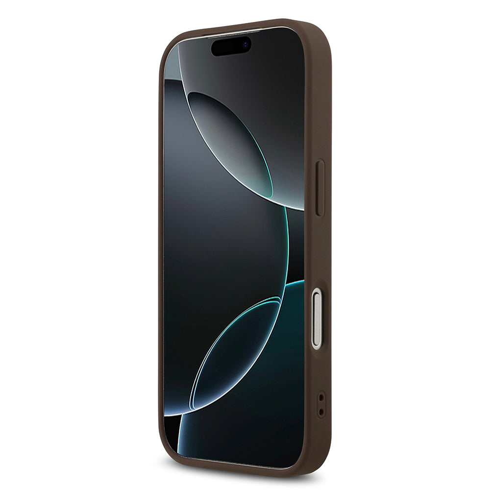 Apple iPhone 18 Pro Kılıf Guess Orjinal Lisanslı M-safe Şarj Özllikli PU Deri Taşlı Üçgen Logo 4G Desenli Strass Kapak Kahverengi