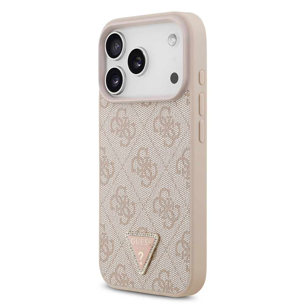 Apple iPhone 18 Pro Kılıf Guess Orjinal Lisanslı M-safe Şarj Özllikli PU Deri Taşlı Üçgen Logo 4G Desenli Strass Kapak Pembe