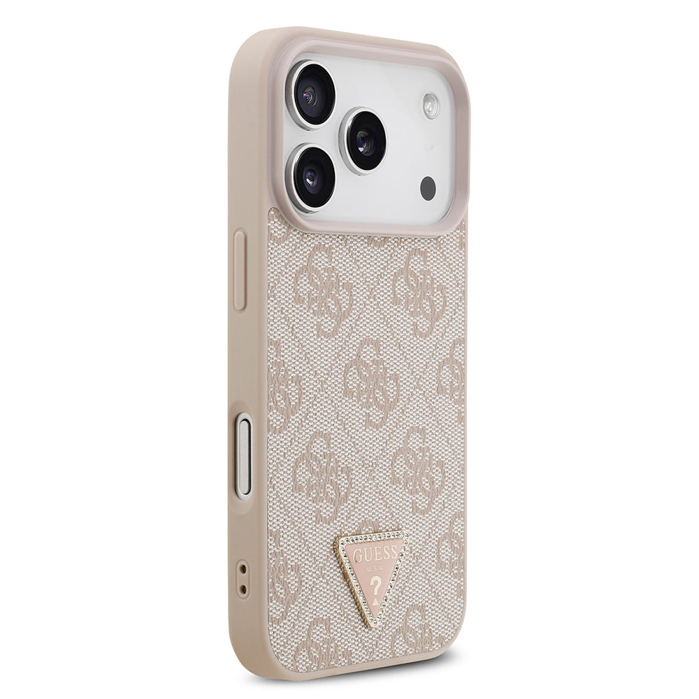 Apple iPhone 18 Pro Kılıf Guess Orjinal Lisanslı M-safe Şarj Özllikli PU Deri Taşlı Üçgen Logo 4G Desenli Strass Kapak Pembe