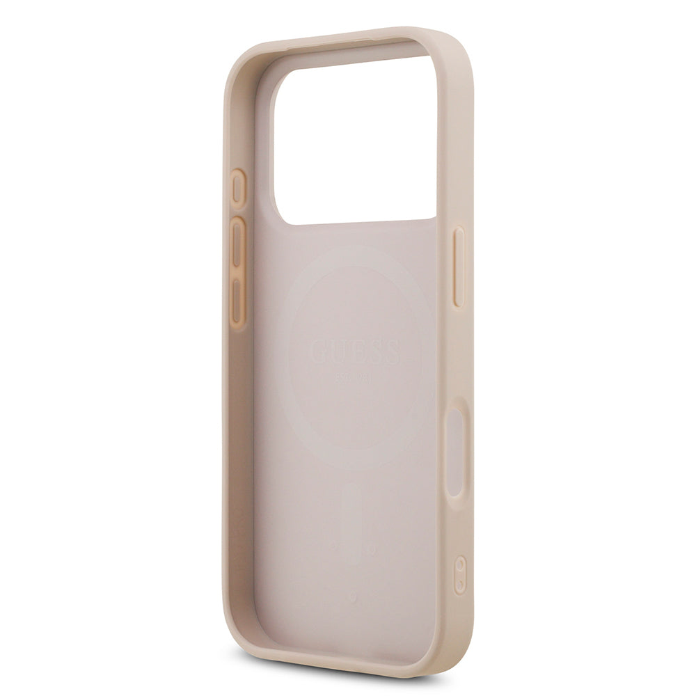 Apple iPhone 18 Pro Kılıf Guess Orjinal Lisanslı M-safe Şarj Özllikli PU Deri Taşlı Üçgen Logo 4G Desenli Strass Kapak Pembe