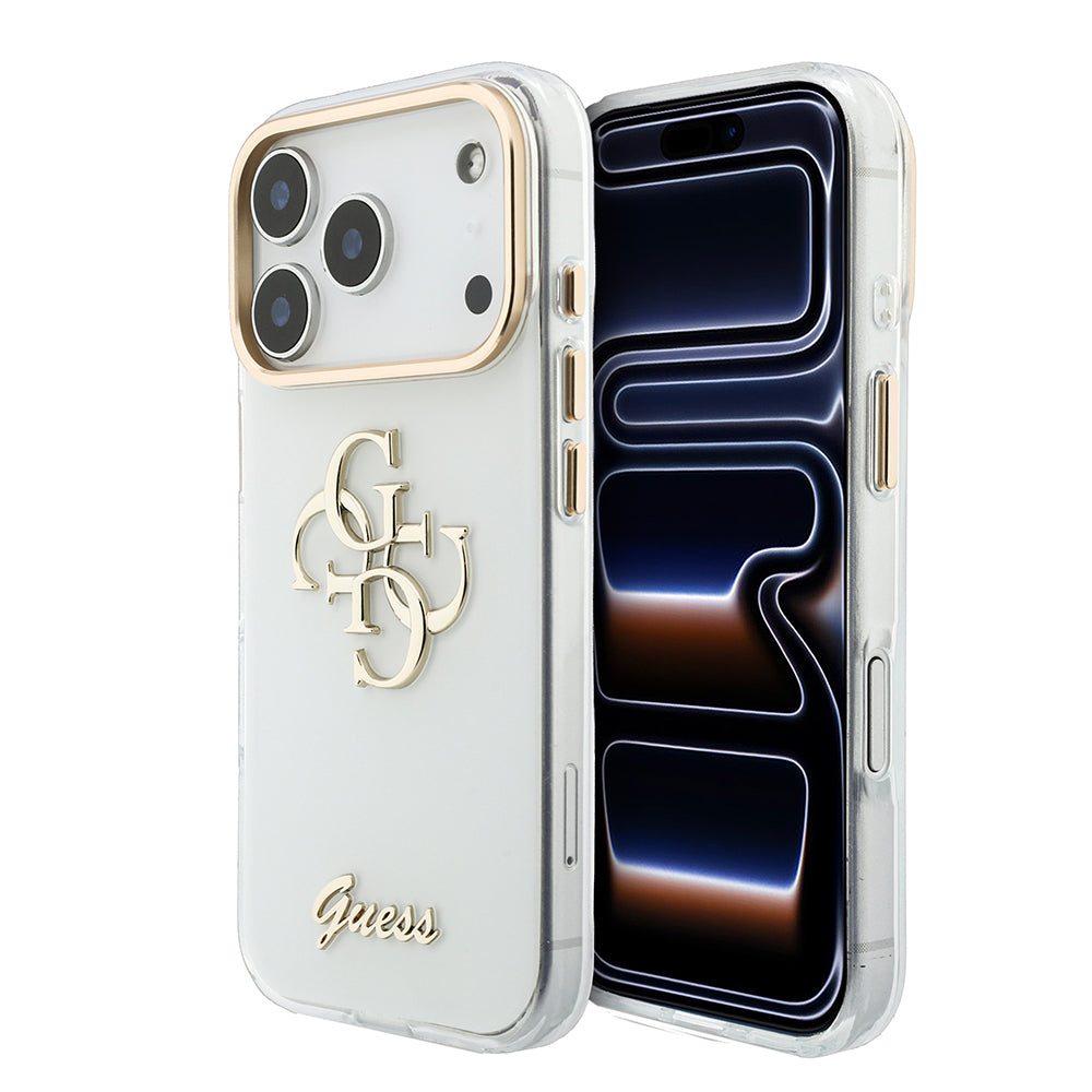 Apple iPhone 18 Pro Kılıf Guess Orjinal Lisanslı Yazı ve 4G Büyük Metal Logolu Silikon Kapak Beyaz