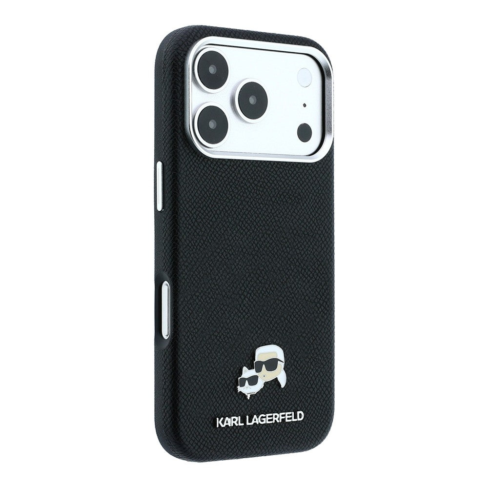 Apple iPhone 18 Pro Kılıf Karl Lagerfeld Orjinal Lisanslı M-Safe Şarj Özellikli K&C Heads Metal Logolu PU Kapak Siyah