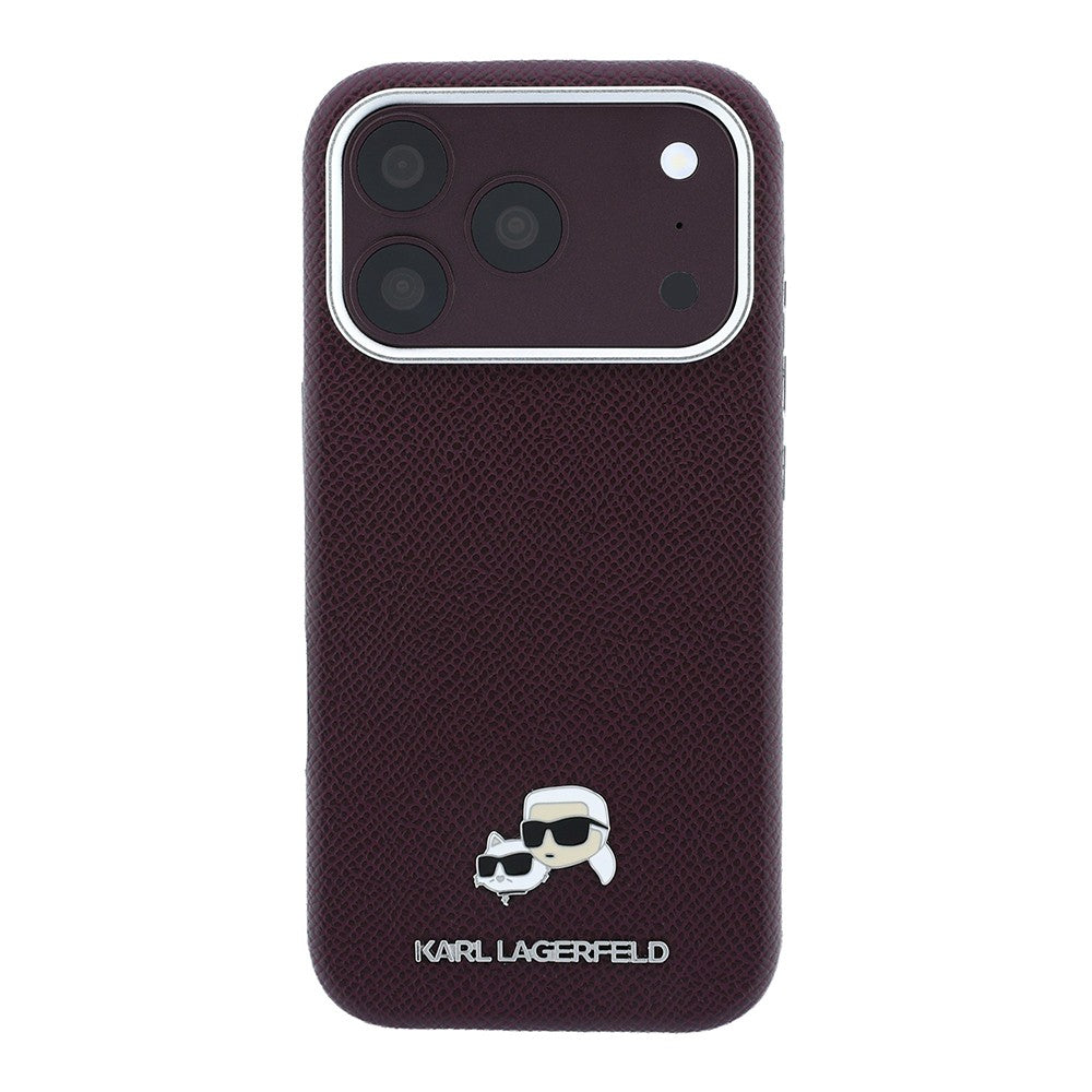 Apple iPhone 18 Pro Kılıf Karl Lagerfeld Orjinal Lisanslı M-Safe Şarj Özellikli K&C Heads Metal Logolu PU Kapak Bordo