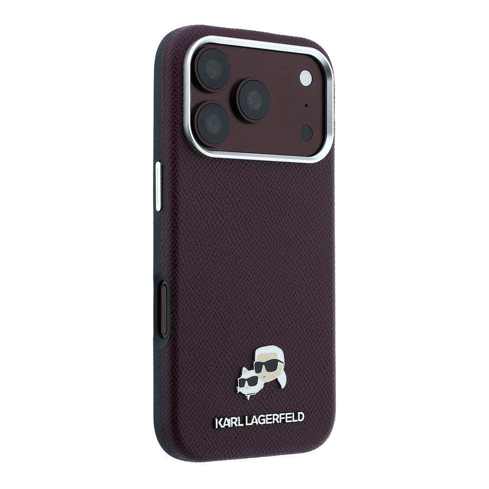 Apple iPhone 18 Pro Kılıf Karl Lagerfeld Orjinal Lisanslı M-Safe Şarj Özellikli K&C Heads Metal Logolu PU Kapak Bordo