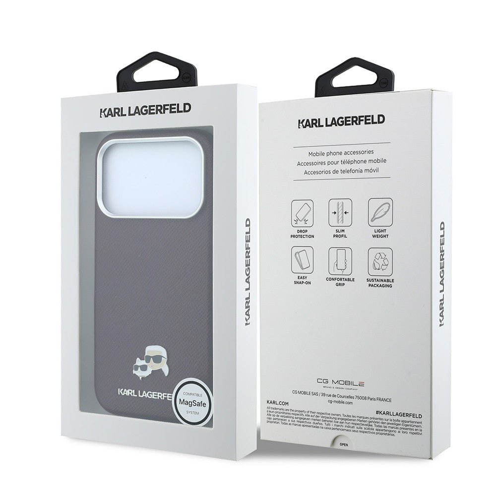 Apple iPhone 18 Pro Kılıf Karl Lagerfeld Orjinal Lisanslı M-Safe Şarj Özellikli K&C Heads Metal Logolu PU Kapak Bordo
