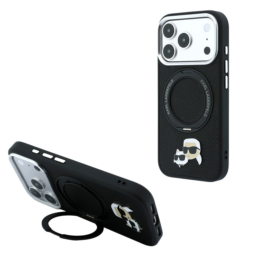 Apple iPhone 18 Pro Kılıf Karl Lagerfeld Orjinal Lisanslı M-Safe Şarj Özellikli K&C Heads Pin Metal Logolu PU 360 Derece Dönebilen Standlı Kapak Siyah