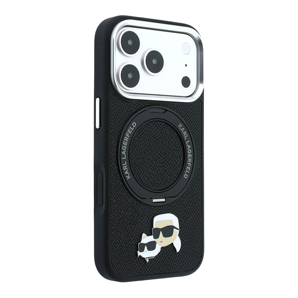 Apple iPhone 18 Pro Kılıf Karl Lagerfeld Orjinal Lisanslı M-Safe Şarj Özellikli K&C Heads Pin Metal Logolu PU 360 Derece Dönebilen Standlı Kapak Siyah