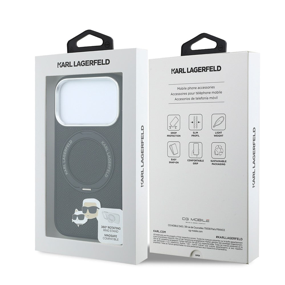 Apple iPhone 18 Pro Kılıf Karl Lagerfeld Orjinal Lisanslı M-Safe Şarj Özellikli K&C Heads Pin Metal Logolu PU 360 Derece Dönebilen Standlı Kapak Siyah