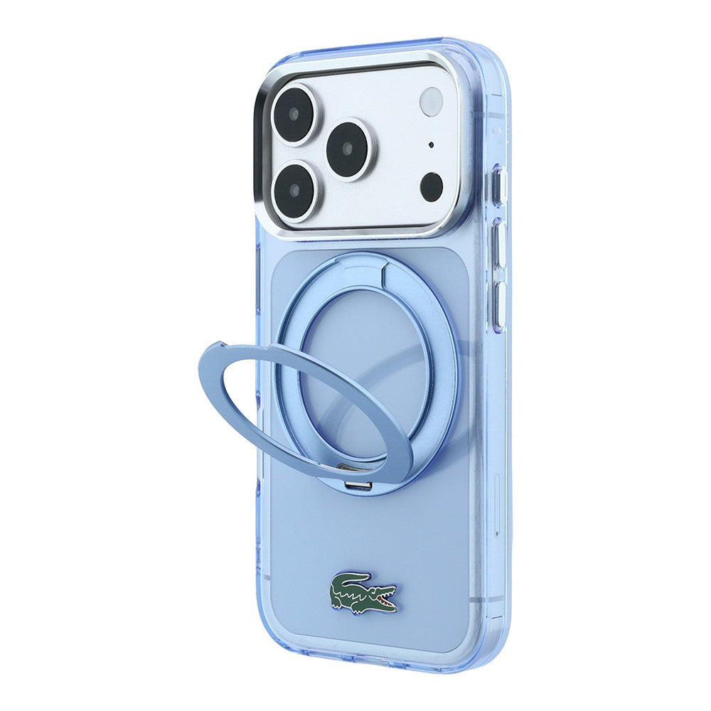 Apple iPhone 18 Pro Kılıf Lacoste Orjinal Lisanslı M-safe Şarj Özellikli 360 Derece Dönebilen Standlı İkonik Timsah Logolu Kapak Açık Mavi