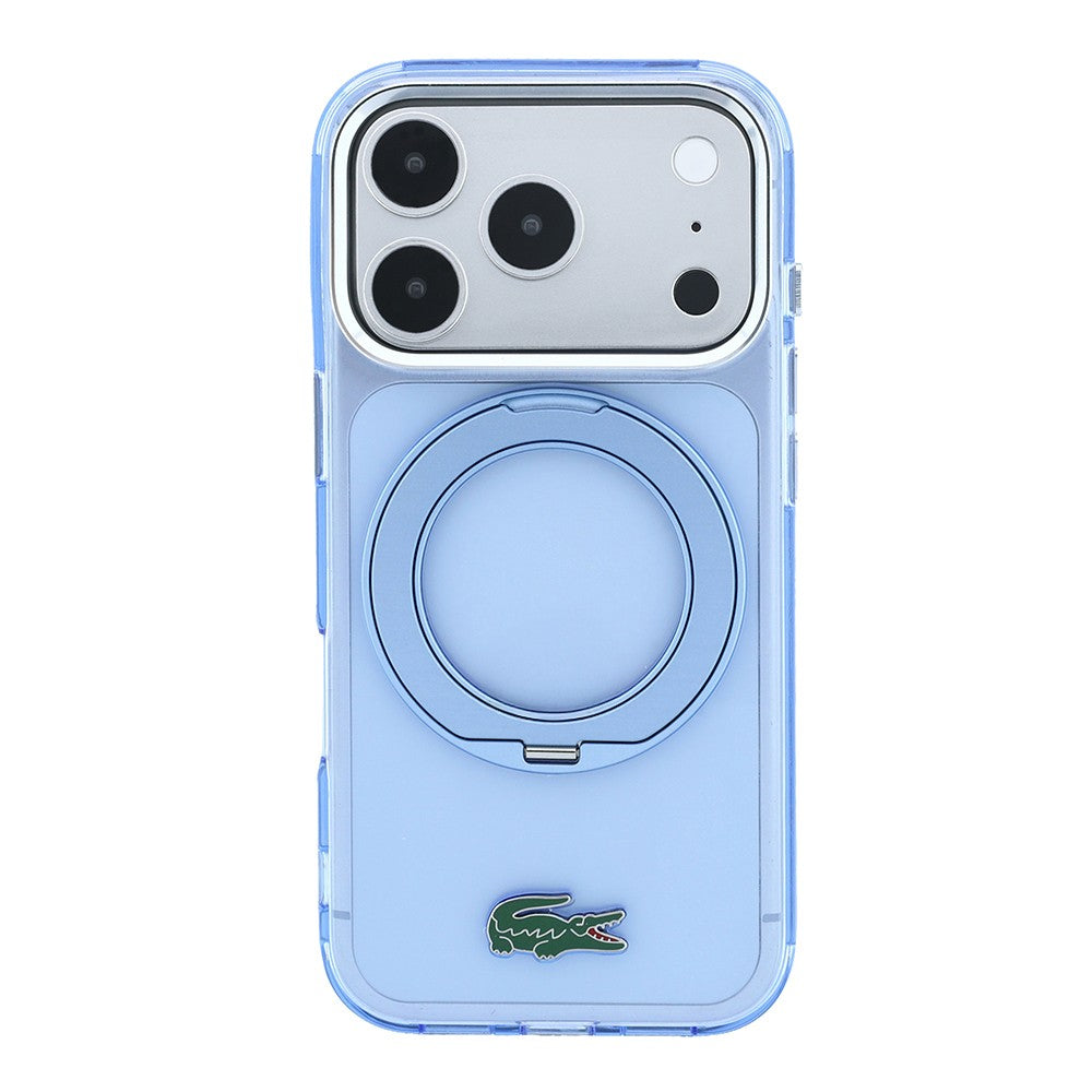 Apple iPhone 18 Pro Kılıf Lacoste Orjinal Lisanslı M-safe Şarj Özellikli 360 Derece Dönebilen Standlı İkonik Timsah Logolu Kapak Açık Mavi