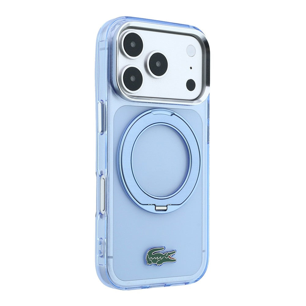 Apple iPhone 18 Pro Kılıf Lacoste Orjinal Lisanslı M-safe Şarj Özellikli 360 Derece Dönebilen Standlı İkonik Timsah Logolu Kapak Açık Mavi