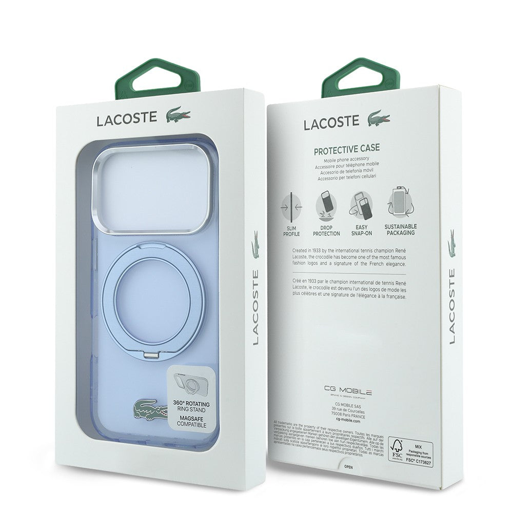 Apple iPhone 18 Pro Kılıf Lacoste Orjinal Lisanslı M-safe Şarj Özellikli 360 Derece Dönebilen Standlı İkonik Timsah Logolu Kapak Açık Mavi