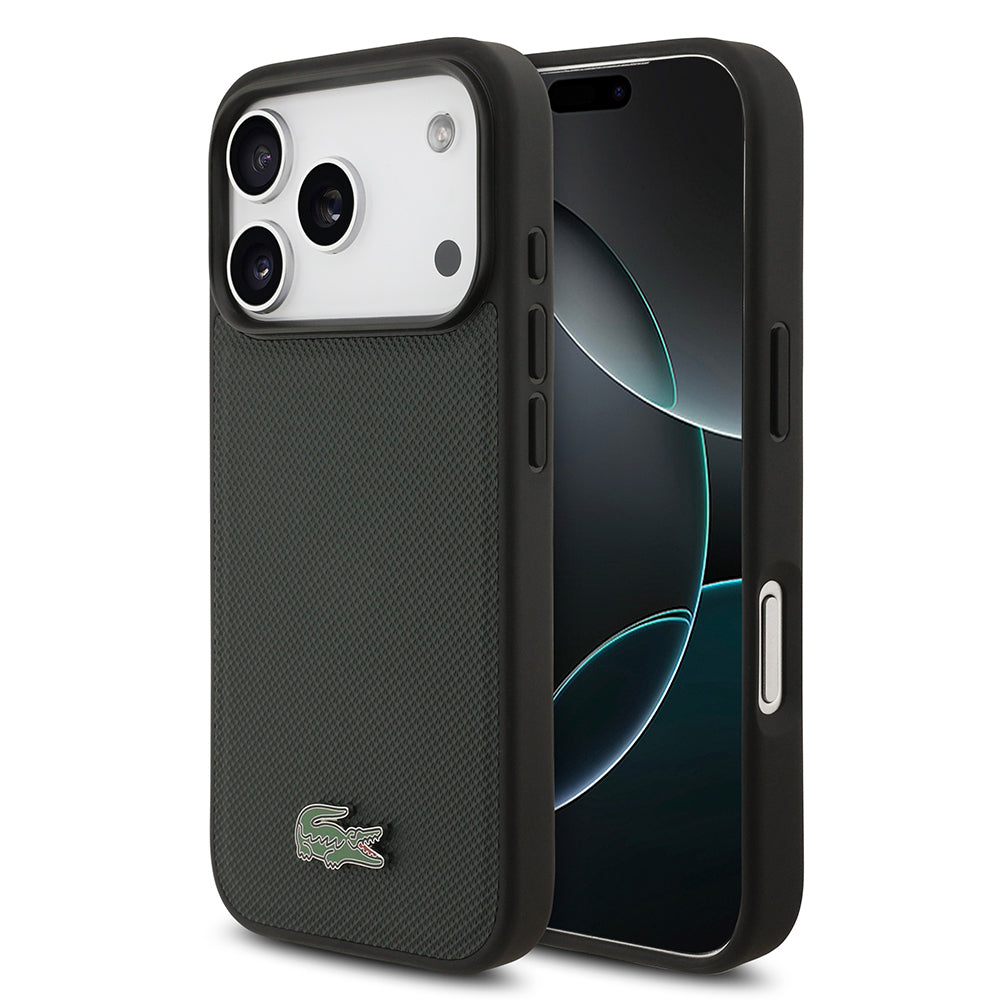 Apple iPhone 18 Pro Kılıf Lacoste Orjinal Lisanslı M-safe Şarj Özellikli PU Pike Desenli Metal Logolu Kapak Koyu Yeşil