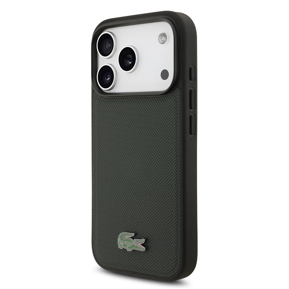 Apple iPhone 18 Pro Kılıf Lacoste Orjinal Lisanslı M-safe Şarj Özellikli PU Pike Desenli Metal Logolu Kapak Koyu Yeşil