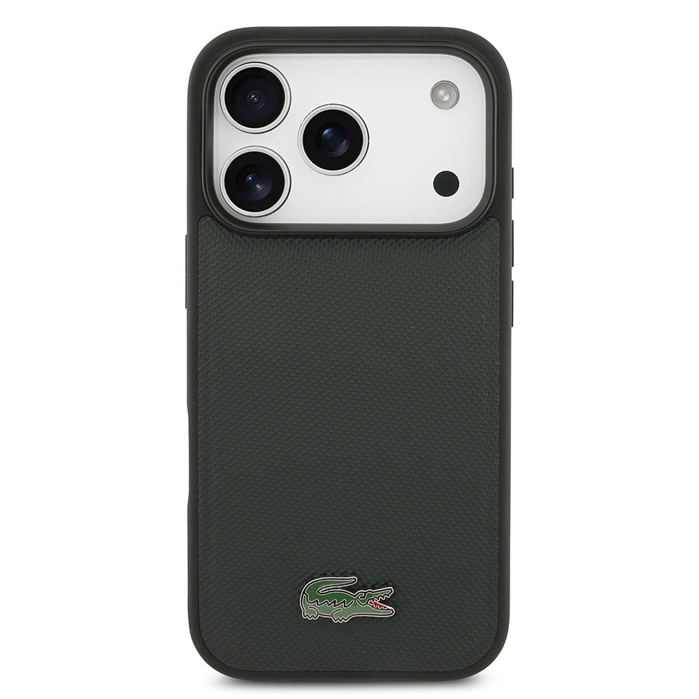 Apple iPhone 18 Pro Kılıf Lacoste Orjinal Lisanslı M-safe Şarj Özellikli PU Pike Desenli Metal Logolu Kapak Koyu Yeşil