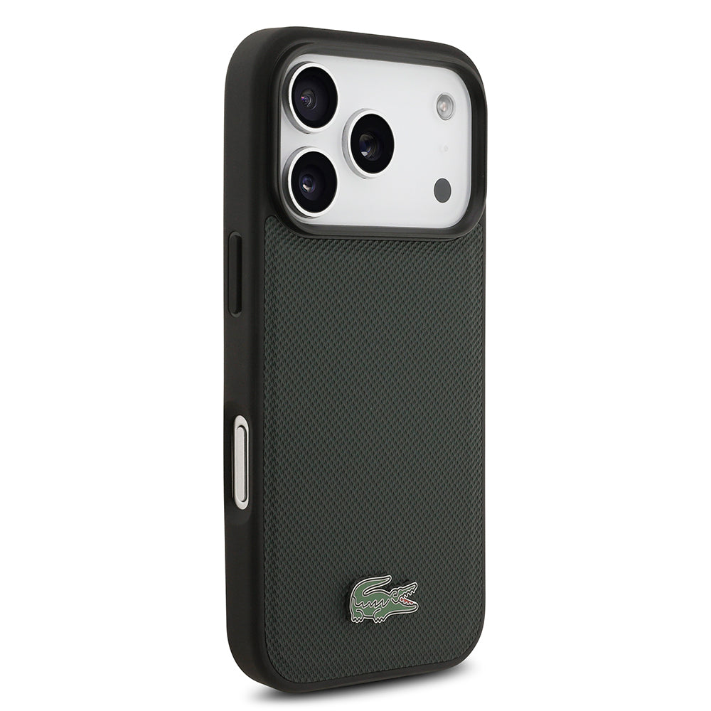 Apple iPhone 18 Pro Kılıf Lacoste Orjinal Lisanslı M-safe Şarj Özellikli PU Pike Desenli Metal Logolu Kapak Koyu Yeşil