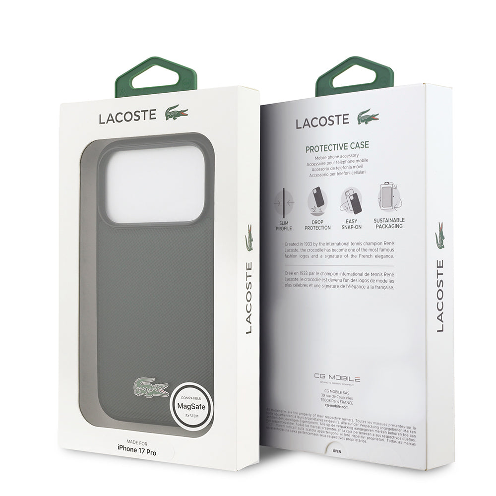 Apple iPhone 18 Pro Kılıf Lacoste Orjinal Lisanslı M-safe Şarj Özellikli PU Pike Desenli Metal Logolu Kapak Koyu Yeşil