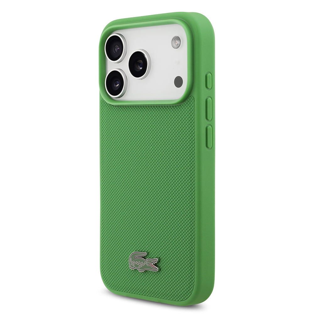 Apple iPhone 18 Pro Kılıf Lacoste Orjinal Lisanslı M-safe Şarj Özellikli PU Pike Desenli Metal Logolu Kapak Yeşil