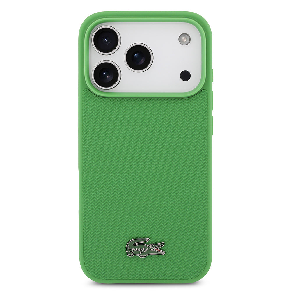Apple iPhone 18 Pro Kılıf Lacoste Orjinal Lisanslı M-safe Şarj Özellikli PU Pike Desenli Metal Logolu Kapak Yeşil