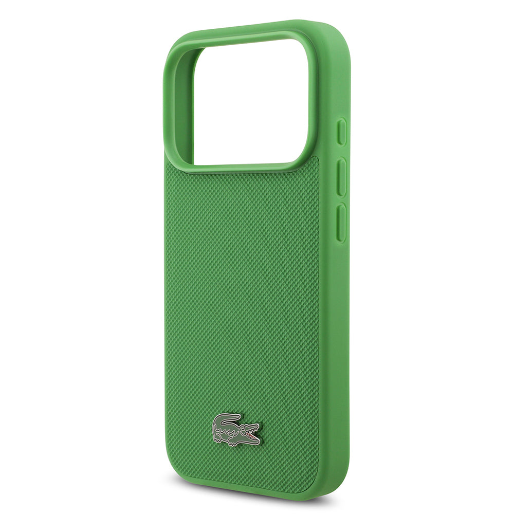 Apple iPhone 18 Pro Kılıf Lacoste Orjinal Lisanslı M-safe Şarj Özellikli PU Pike Desenli Metal Logolu Kapak Yeşil