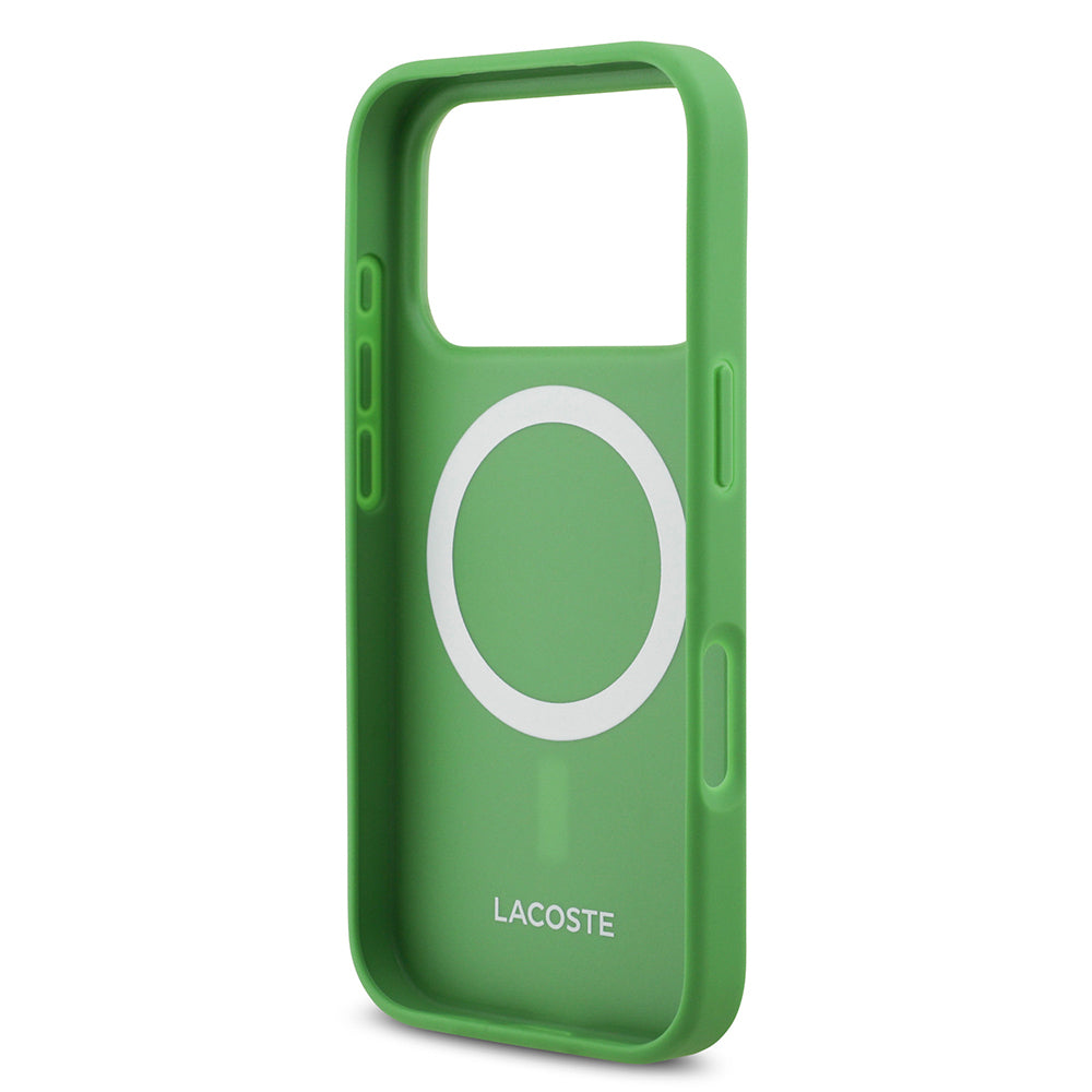 Apple iPhone 18 Pro Kılıf Lacoste Orjinal Lisanslı M-safe Şarj Özellikli PU Pike Desenli Metal Logolu Kapak Yeşil